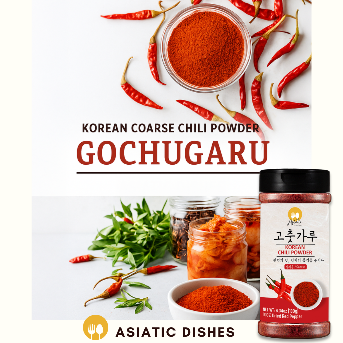 [Asiatic Dishes] Gochugaru Korean Red Pepper Flakes – 6.34oz Bottle of Sun-Dried Chili Powder for Kimchi, Soups, Stews, and Versatile Cooking
