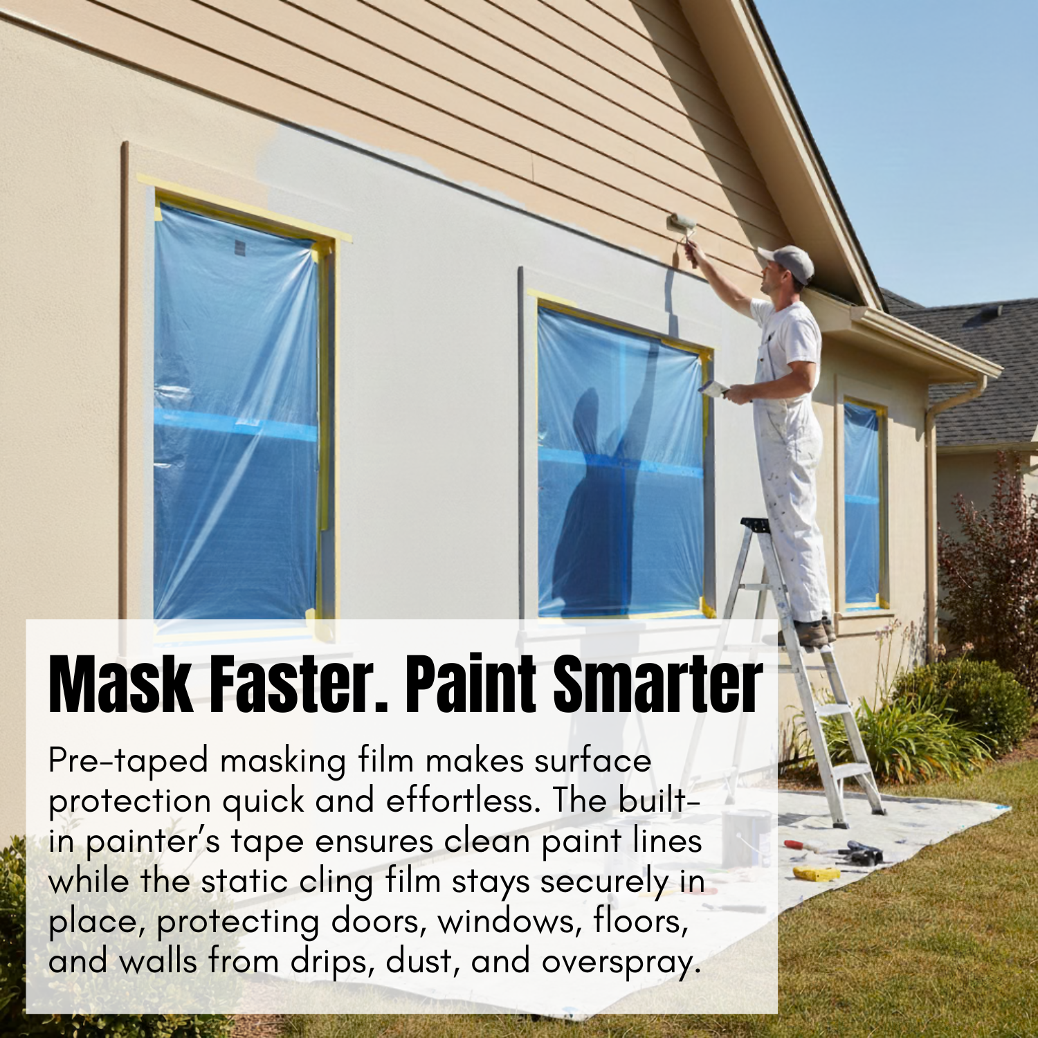 [Asiatic Dishes] Pre-Taped Masking Film, 35.4" x 66', Overspray Protection for Auto Body and Home Painting