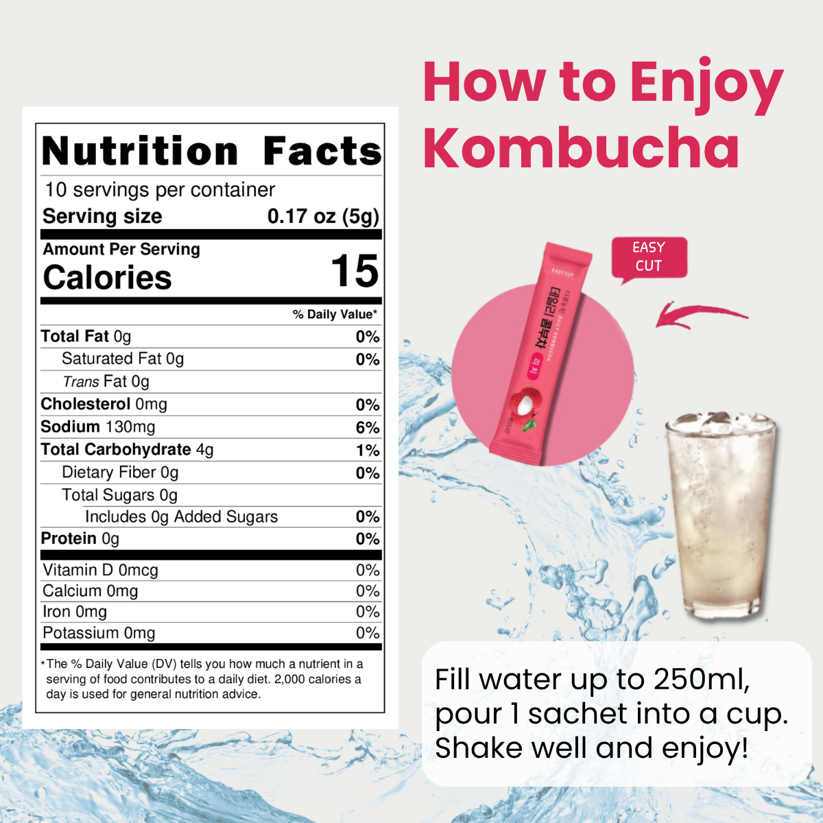 [Unha's Asian Snack Box] Korean Kombucha Tea, Powder 5g x 10 Sachets (50g/3.52oz) (5 Variety Flavor)