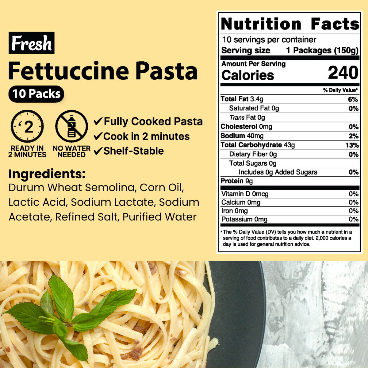 [Asiatic Dishes] Fresh Fettuccine Pasta, Fully Cooked (5.29oz/Pack of 10) (Noodles Only)