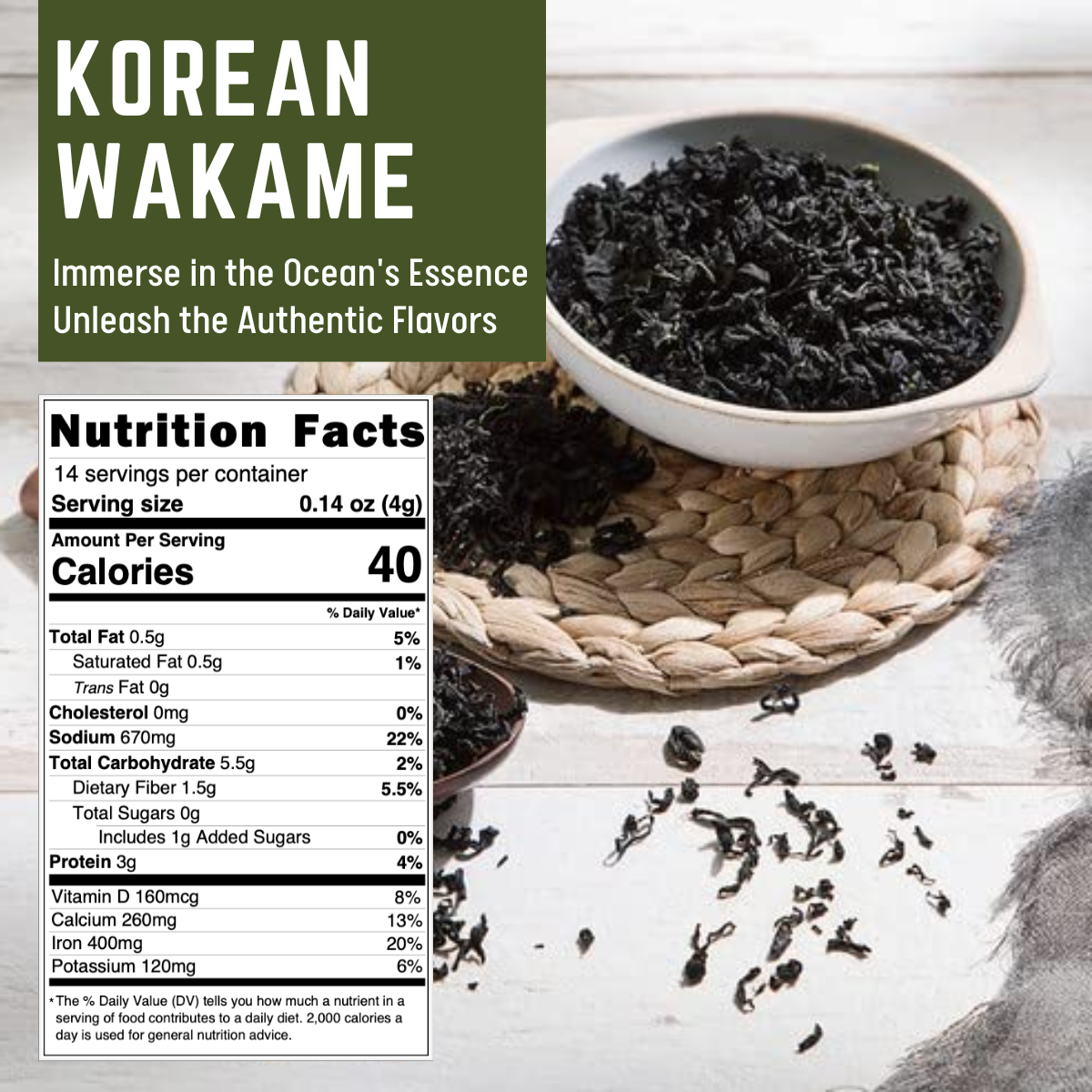 [Unha's Asian Snack Box] Korean Premium Baby Wakame Dried Seaweeds Flake 2 OZ - 100% Natural, Product of Korea