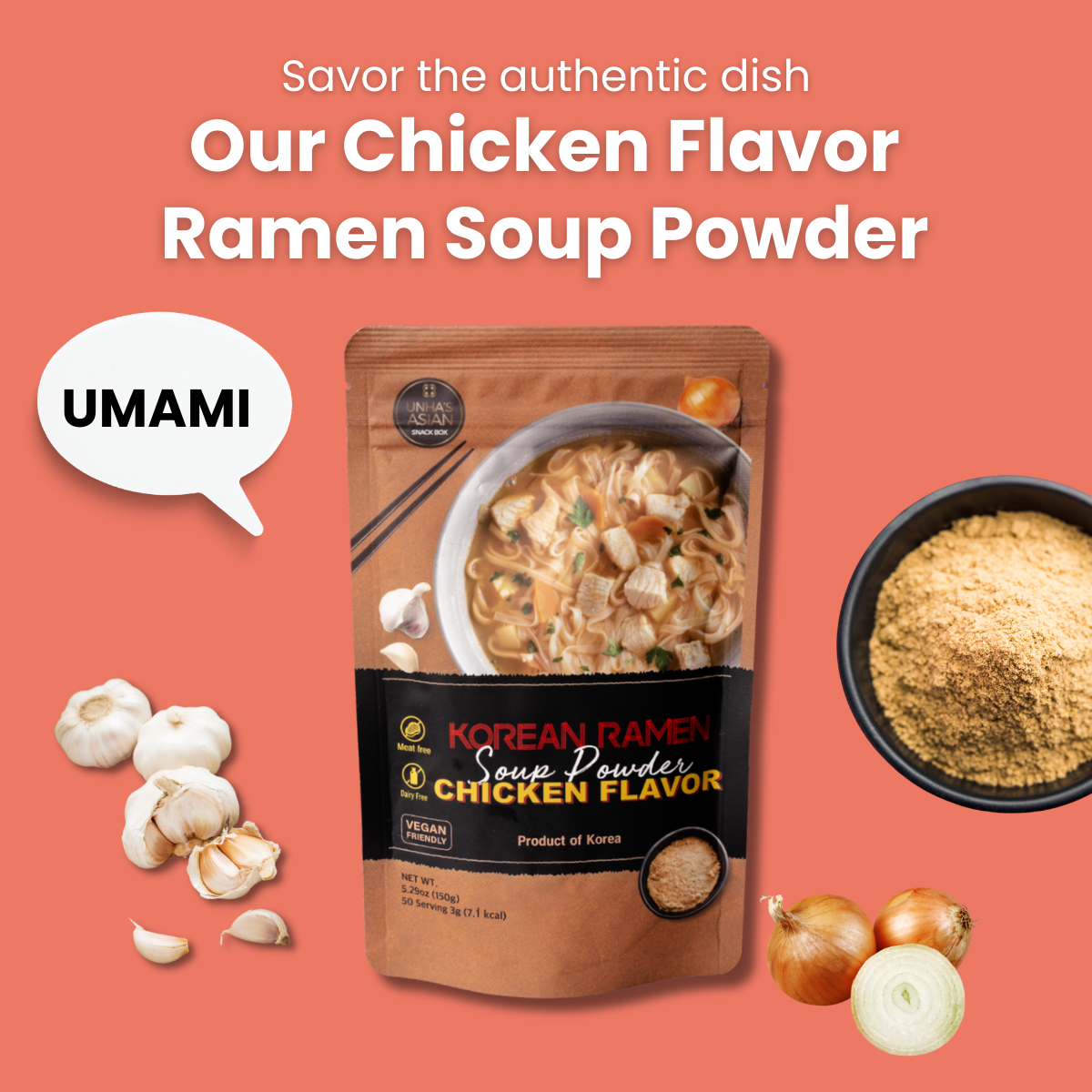 [Unha's Asian Snack Box] Authentic Korean Ramen Soup Seasoning, Chicken Flavor Powder 5.29oz Pack