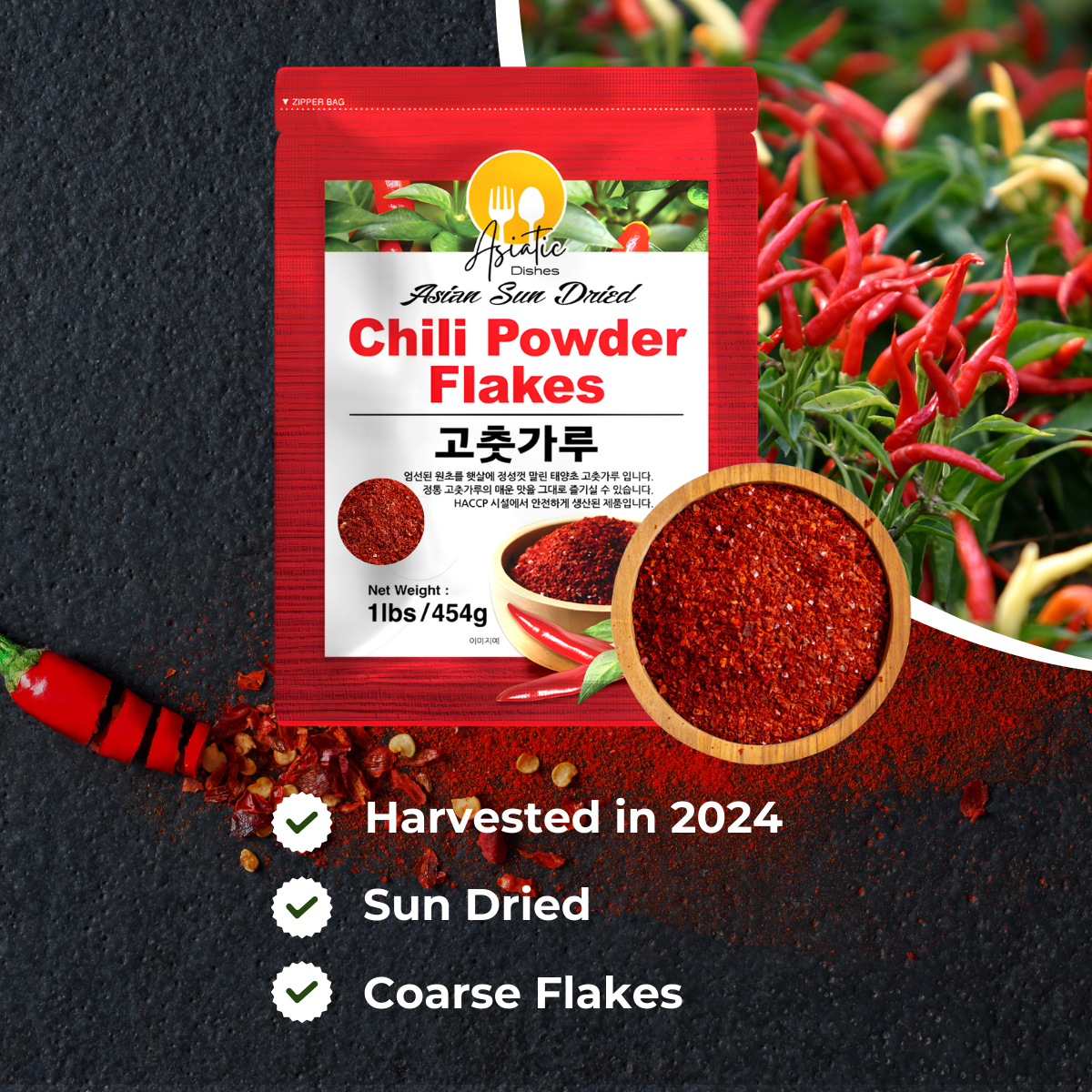 [Asiatic Dishes] Premium Gochugaru Red Pepper Flakes - 100% Asian Sun-Dried Chili Flake for Kimchi, Stews, and Versatile Cooking - 1LB Pack