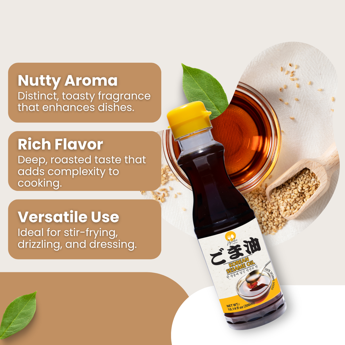 [Asiatic Dishes] Korean Toasted Sesame Oil, 10.14 Fl Oz, 100% Roasted Sesame Seed Oil, Rich Nutty Aroma, Product Of Korea