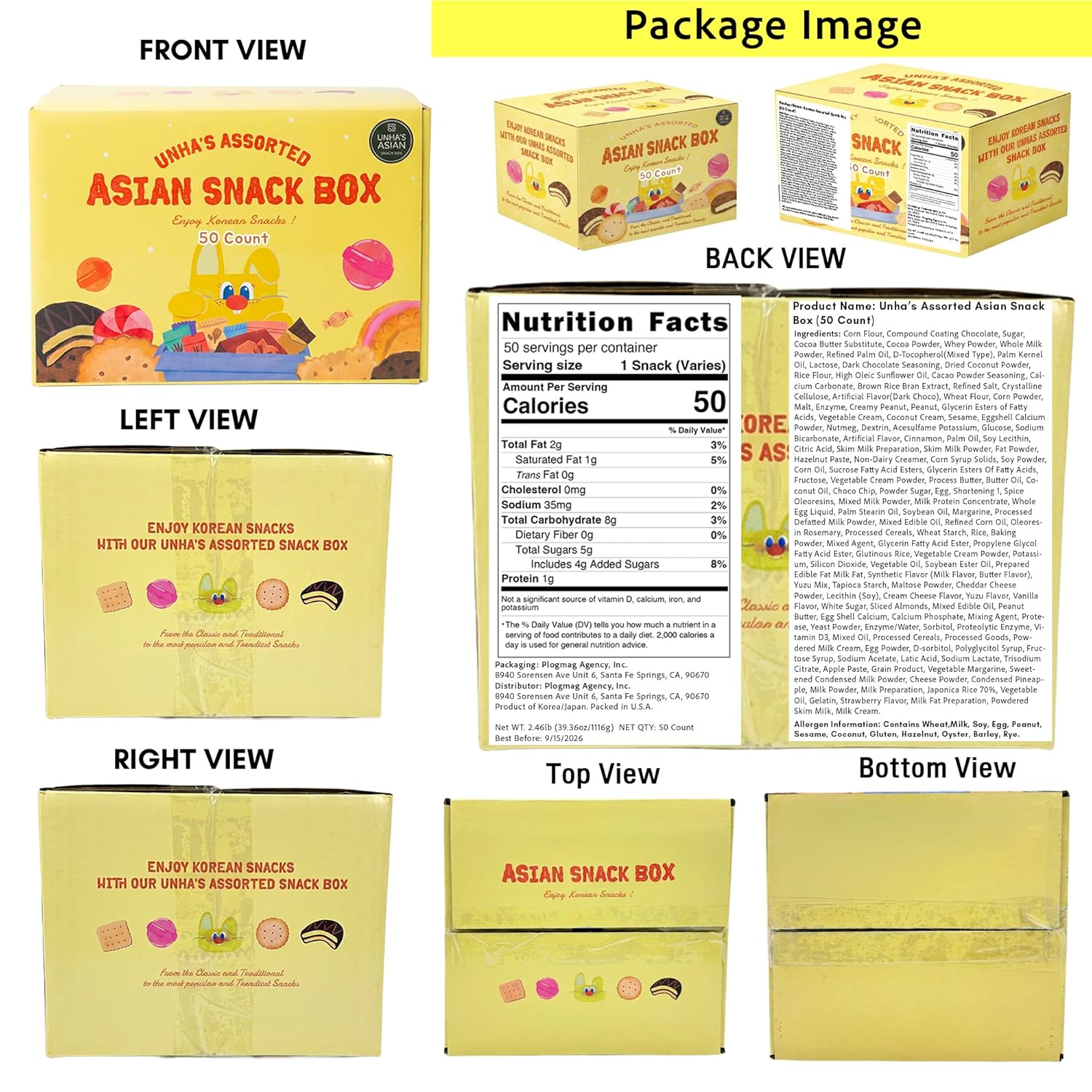 [Unha's Asian Snack Box] Japanese and Korean Snacks Box Variety Pack, 50 Count Care Package With Assorted Cookies and Chips