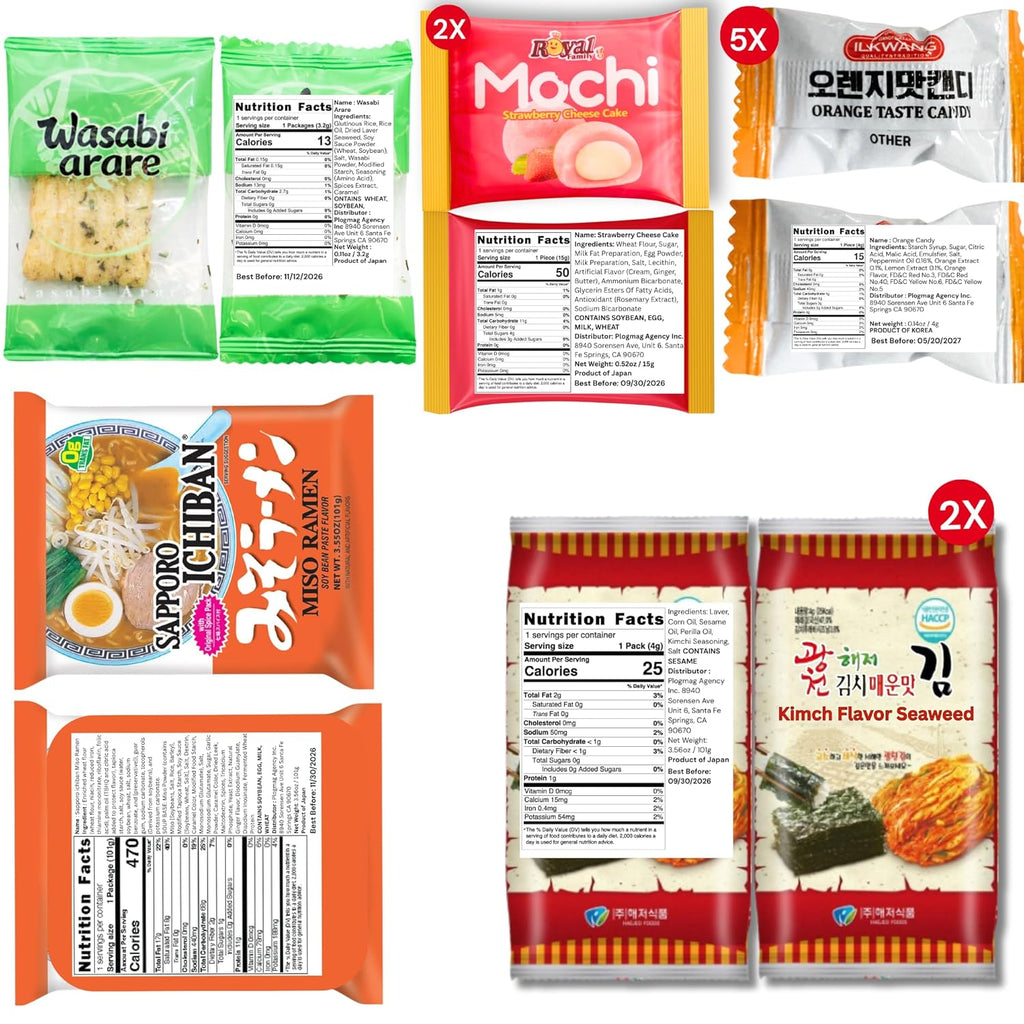 [Unha's Asian Snack Box] Japanese and Korean Snacks Box Variety Pack, 50 Count Care Package With Assorted Cookies and Chips