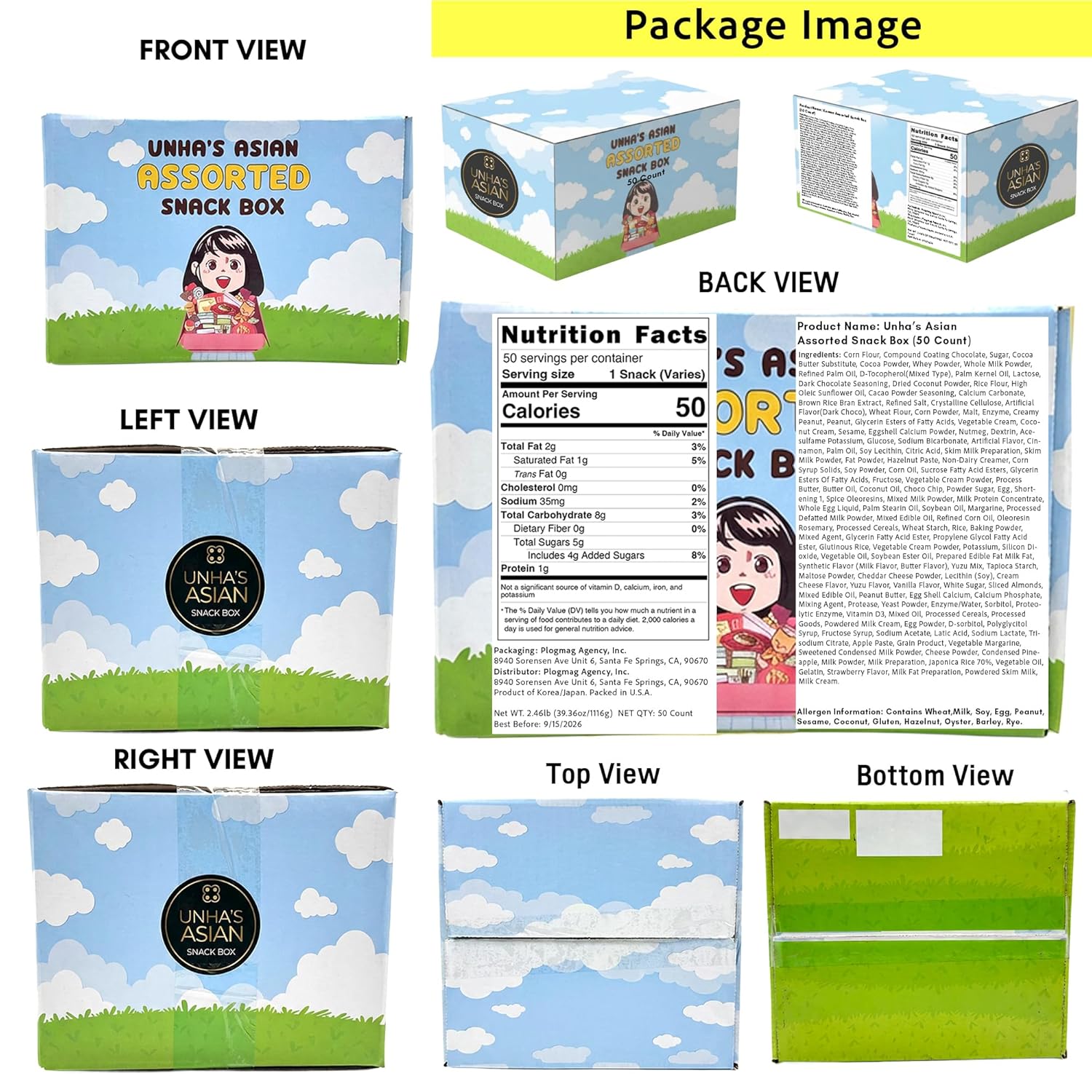 [Unha's Asian Snack Box] Korean Snack Box Variety Pack - 50 Count Individual Wrapped Gift Care Package Bundle Sampler Assortment Mix